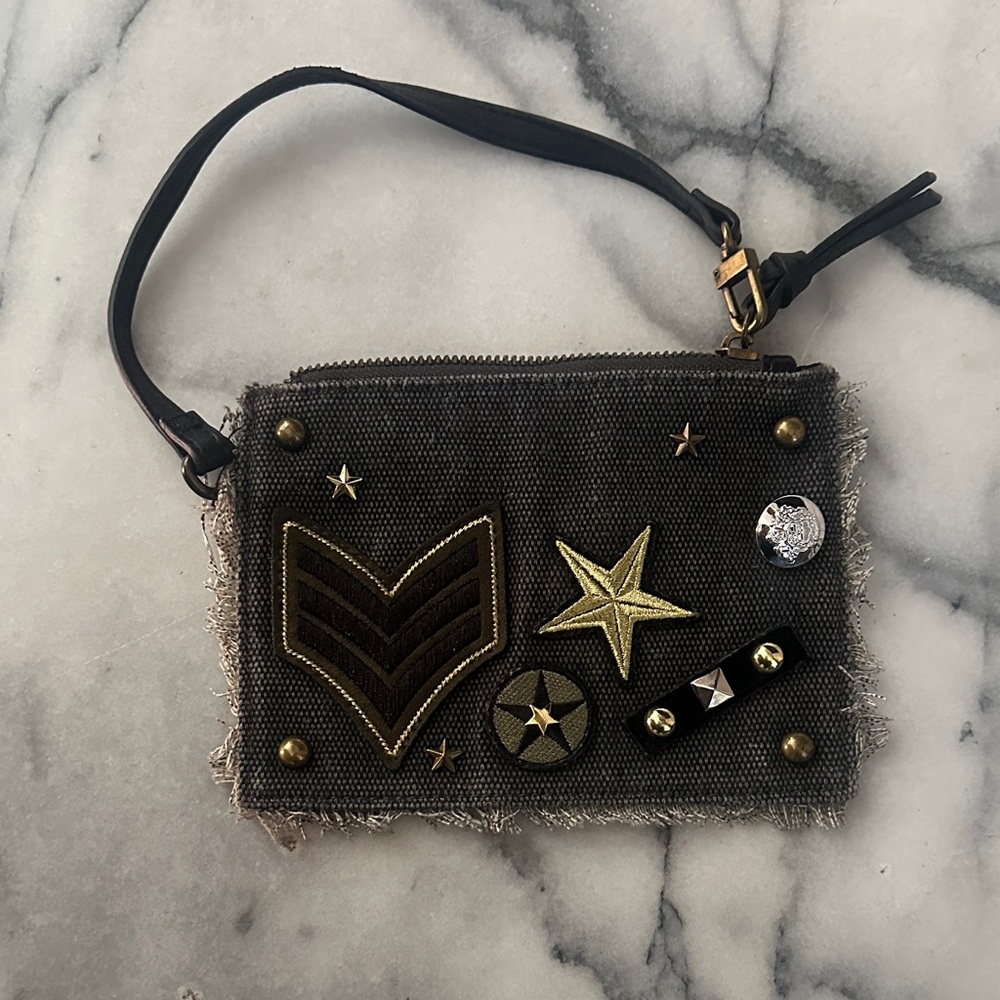 Steve Madden canvas clutch NY army gray strap purse